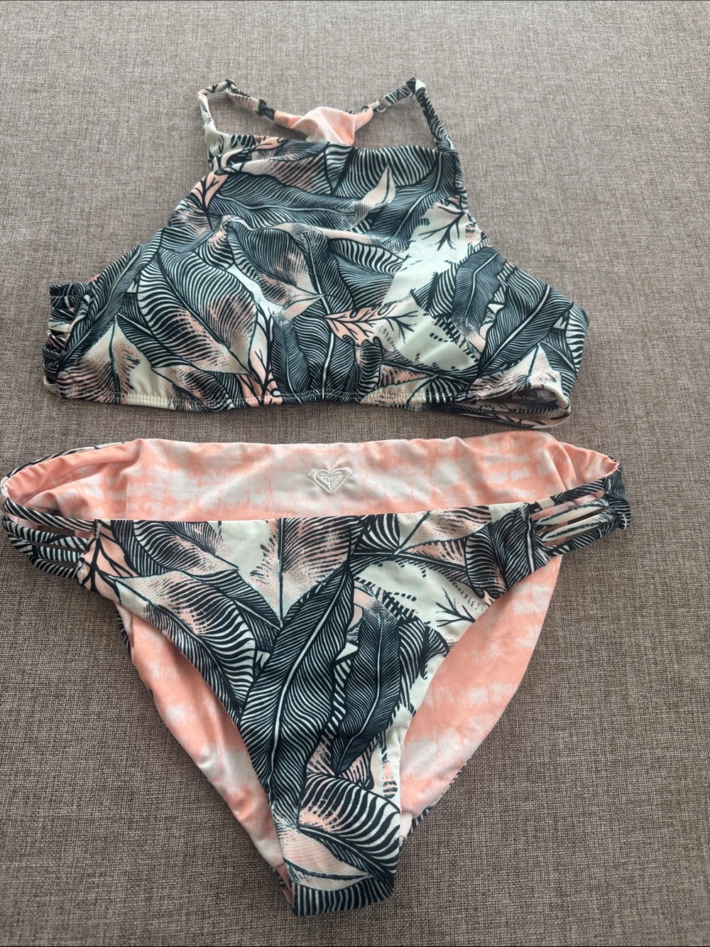 Roxy Coral & Navy Tropical High-Neck Bikini Reversible